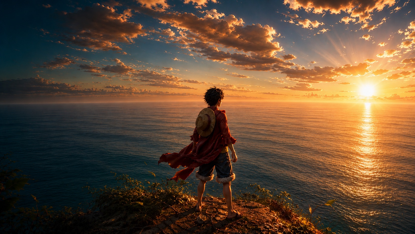 Un pirata di spalle contempla il mare al tramonto.